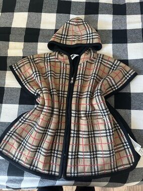Burberry Beige Plaid Hooded Kids Cape with Black Trim